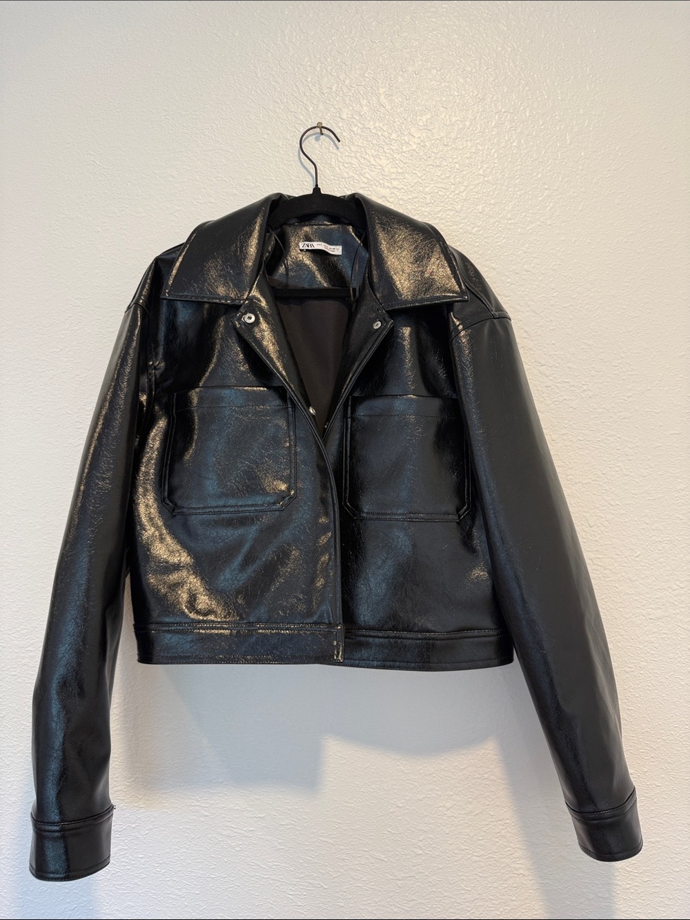 Zara Glossy Black Faux Leather Oversized Jacket Size Small